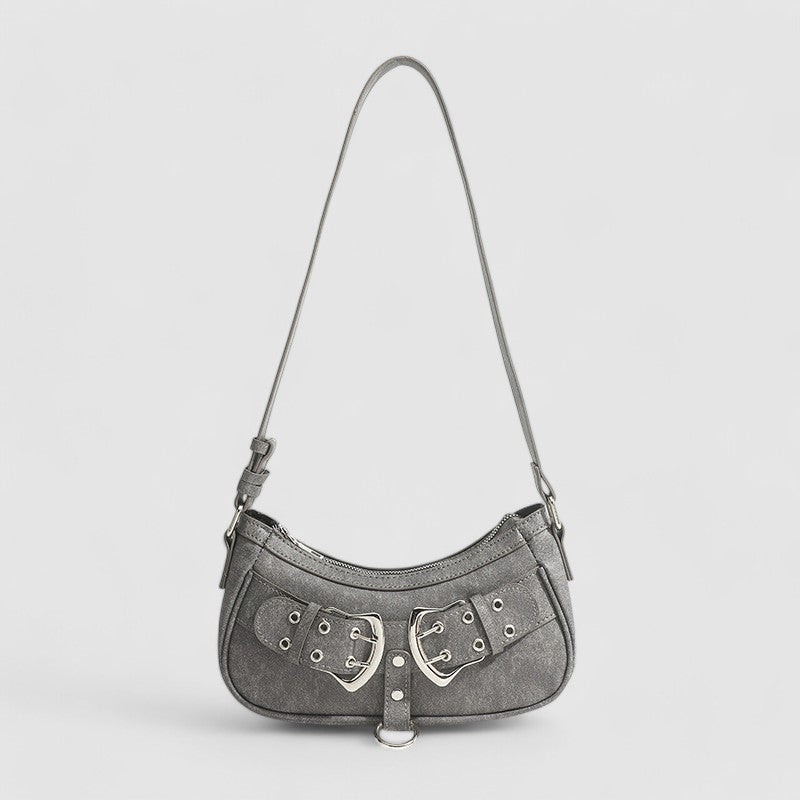 Shoulder bag gray with silver buckles front view