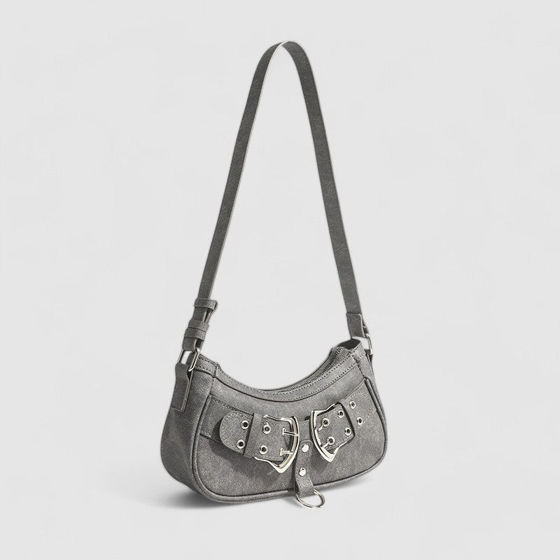 Shoulder bag gray with silver buckles side view