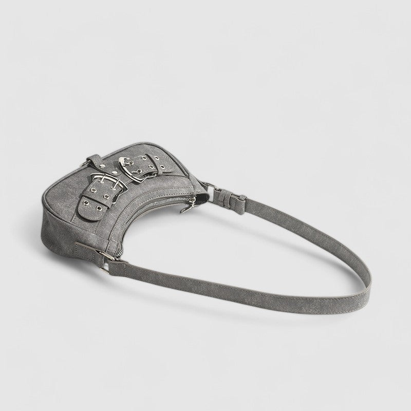 Shoulder bag gray with silver buckles top view