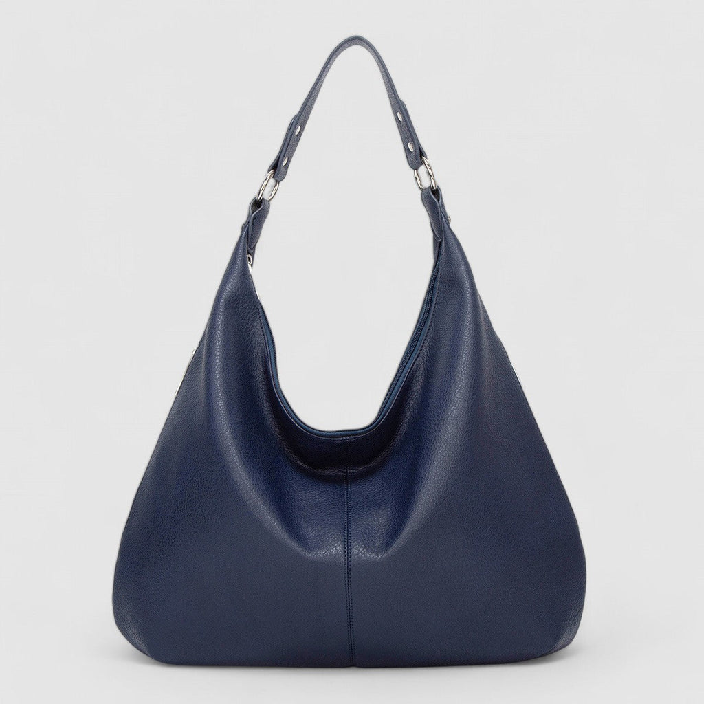 Schoudertas blauw leer detailschot