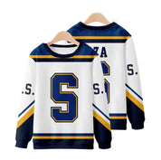 Sweatshirt with 'SZA' and '5', blue and white, front view on hanger