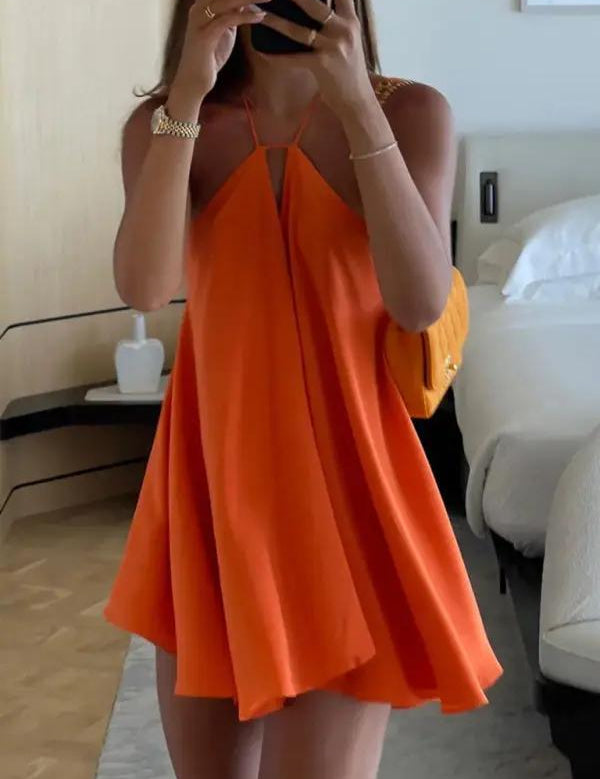 Orange mini dress halter neck front view