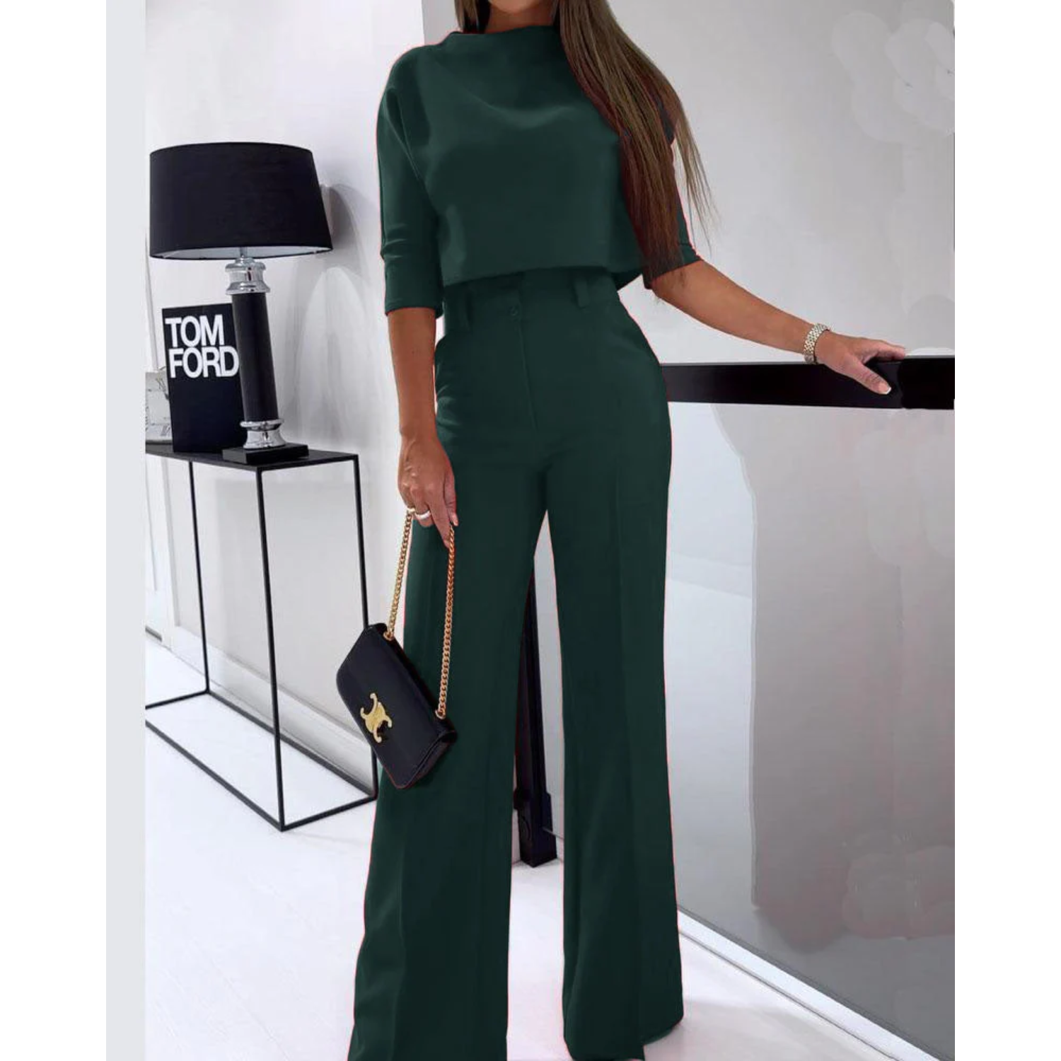Green pantsuit set with crop top and wide legs, side view