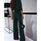 Green pantsuit set with crop top and wide legs, back view
