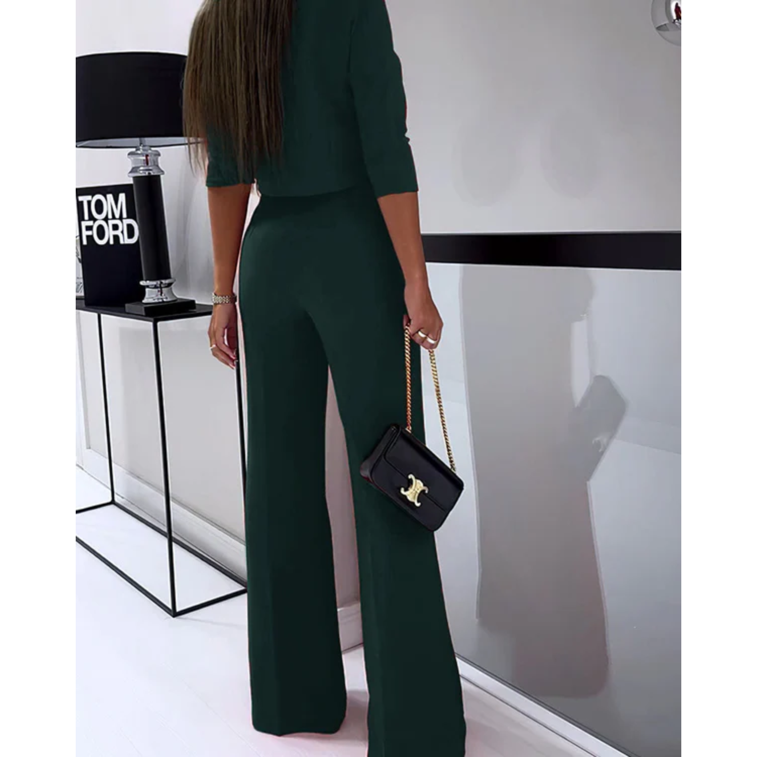 Green pantsuit set with crop top and wide legs, back view