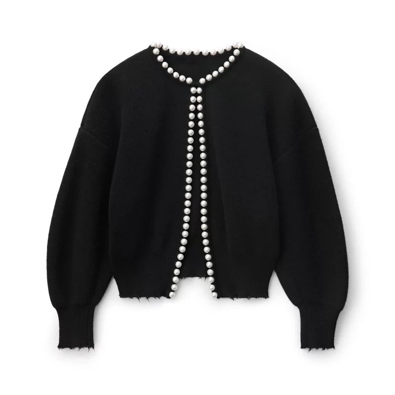 Black cardigan with pearl trim detailing, front view