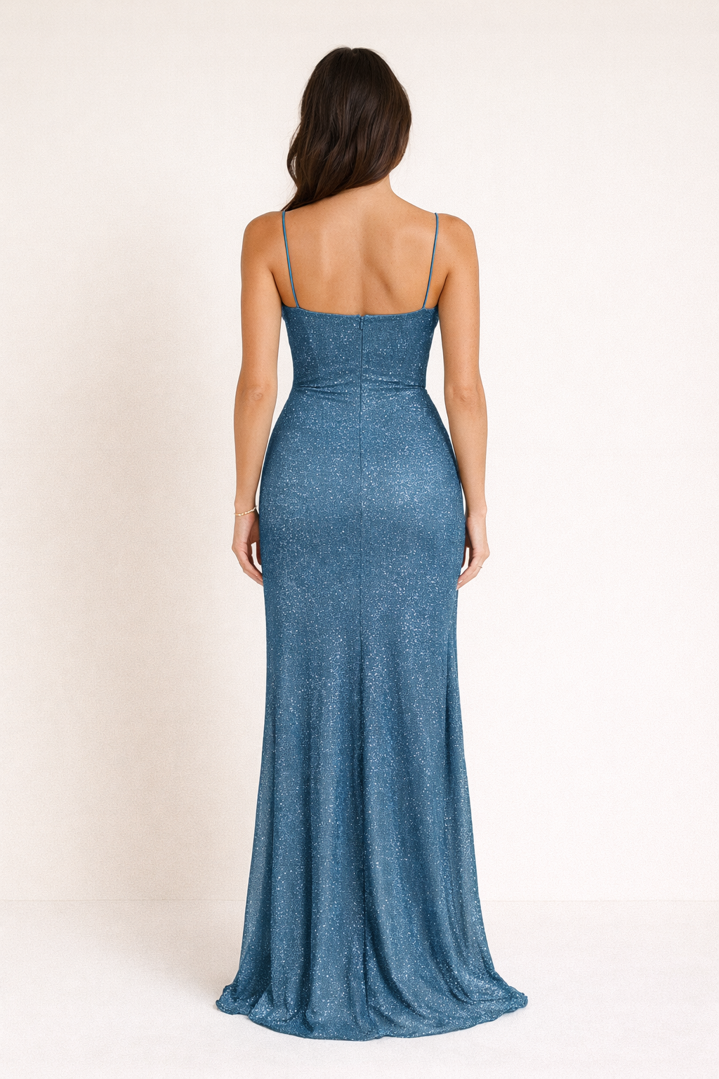 Avondjurk blauw met pailletten en korsetdetail rugzijde