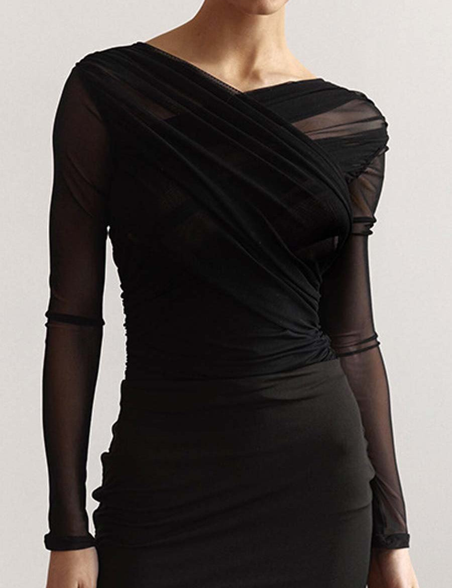 Blouse zwart met mesh mouwen en drapering detail zijprofiel