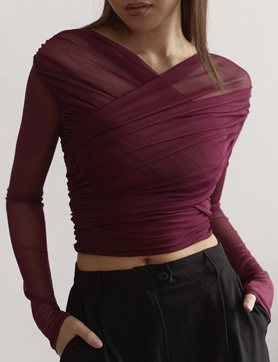 Blouse met mesh details en gekruiste voorzijde, rood, vooruitgezien