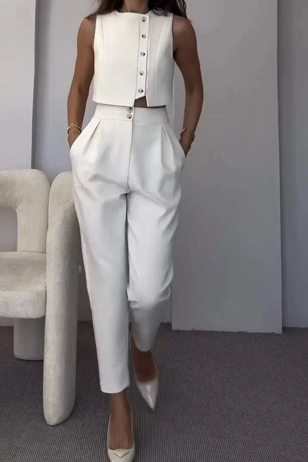 White co-ord set with heels front view
