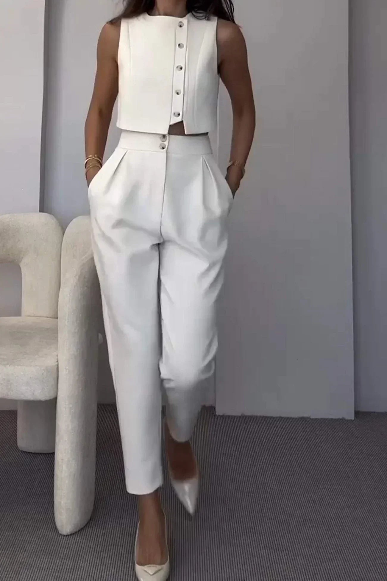 White co-ord set with heels front view