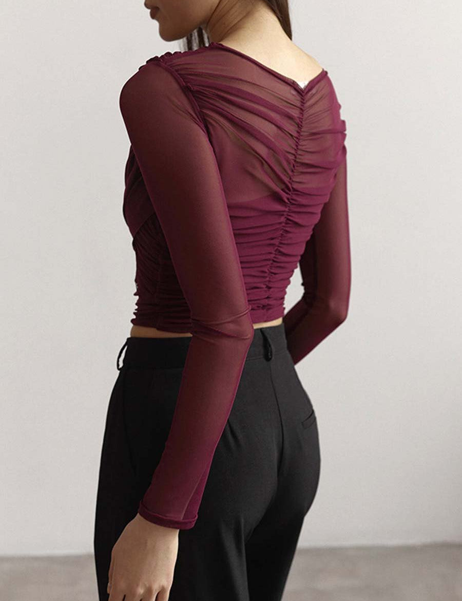 Blouse met geplooide mesh details en lange mouwen, rood, detail shot