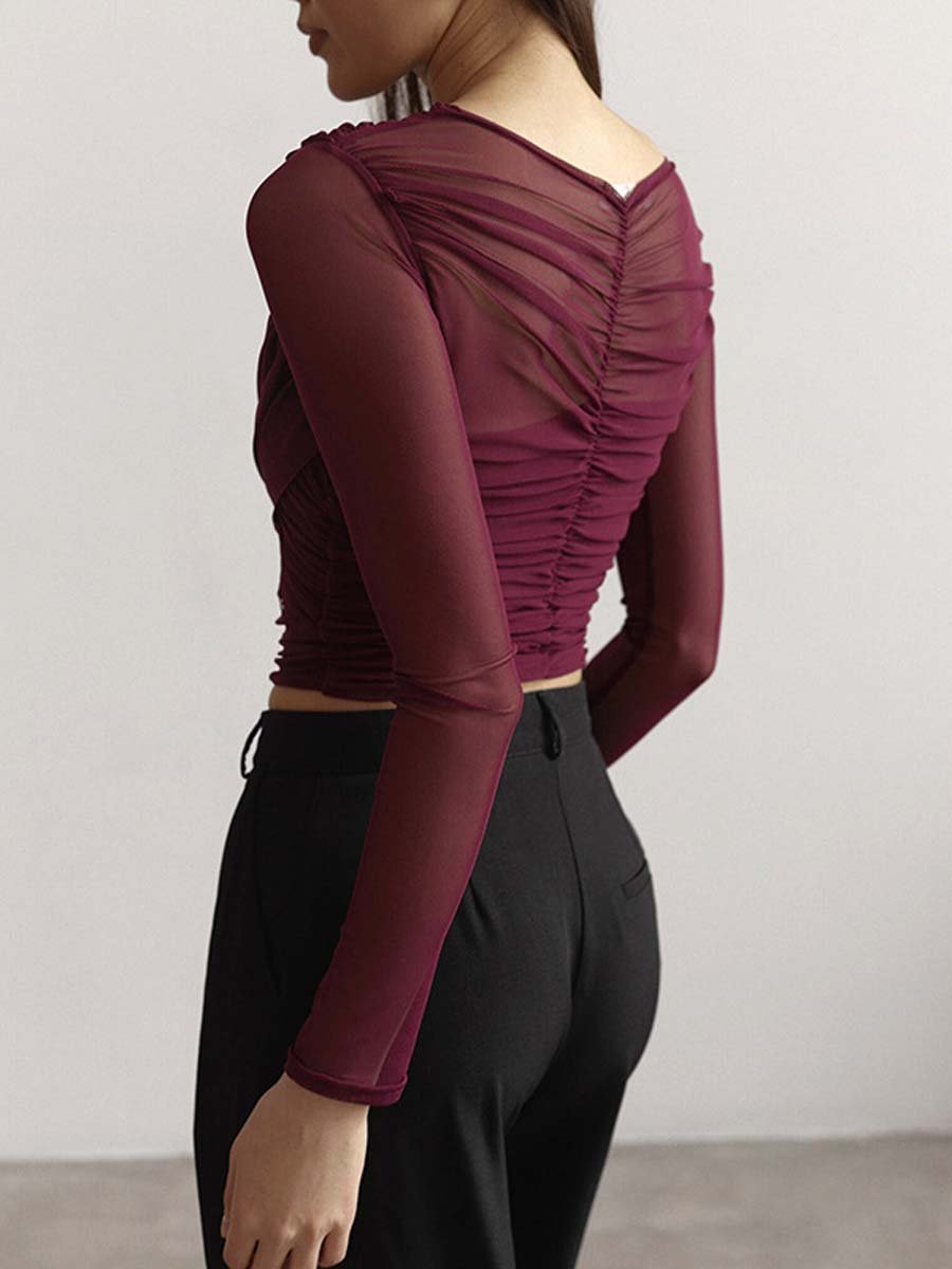 Blouse met geplooide mesh details en lange mouwen, rood, detail shot