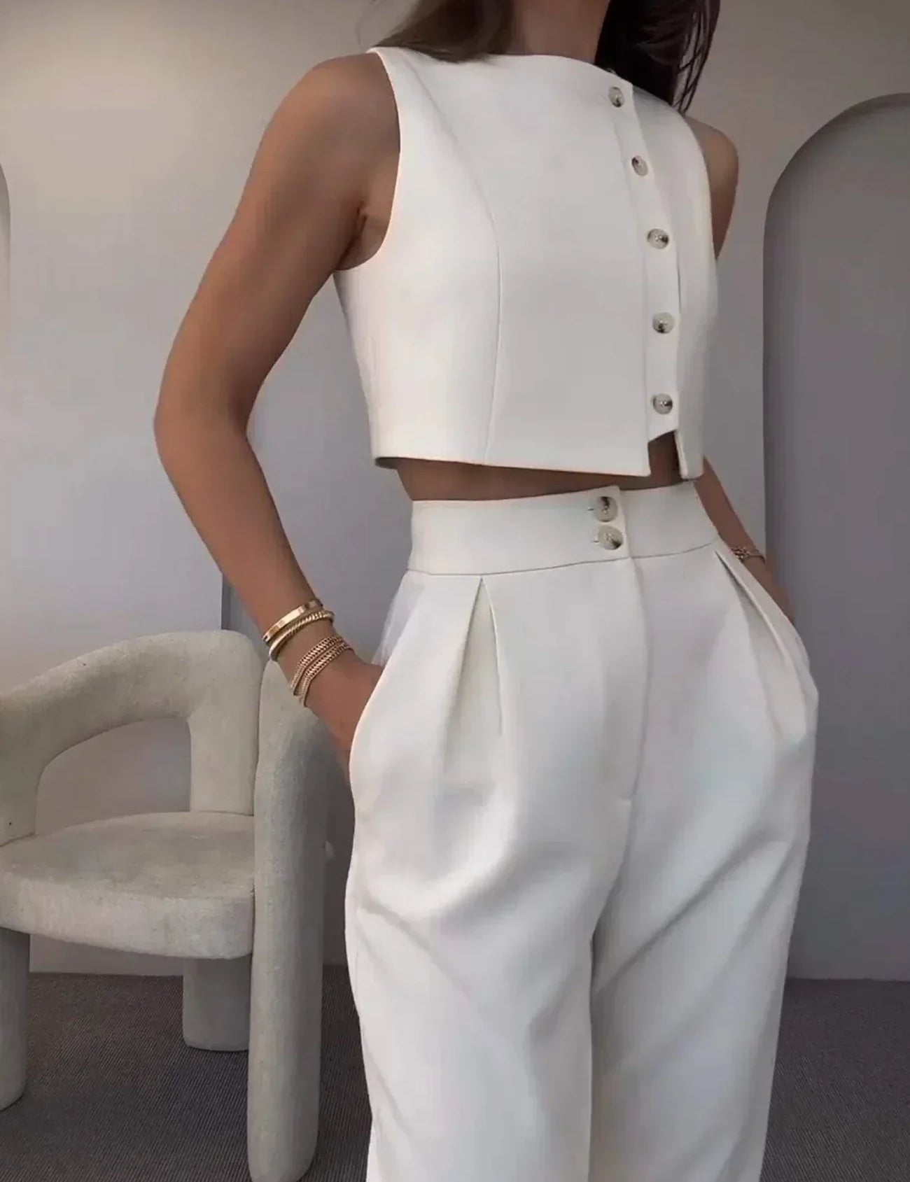 White co-ord set with button detail front view