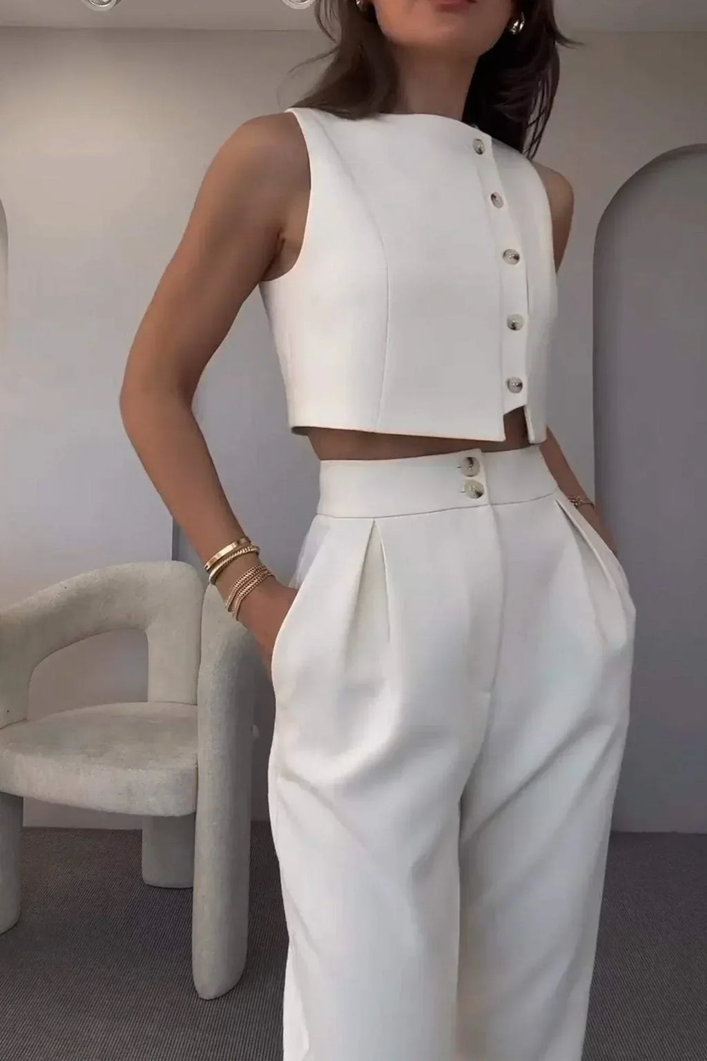 White co-ord set with button detail front view