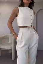 White co-ord set with button detail front view