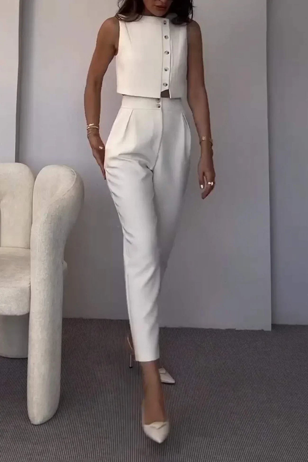 White co-ord set with heels full body view