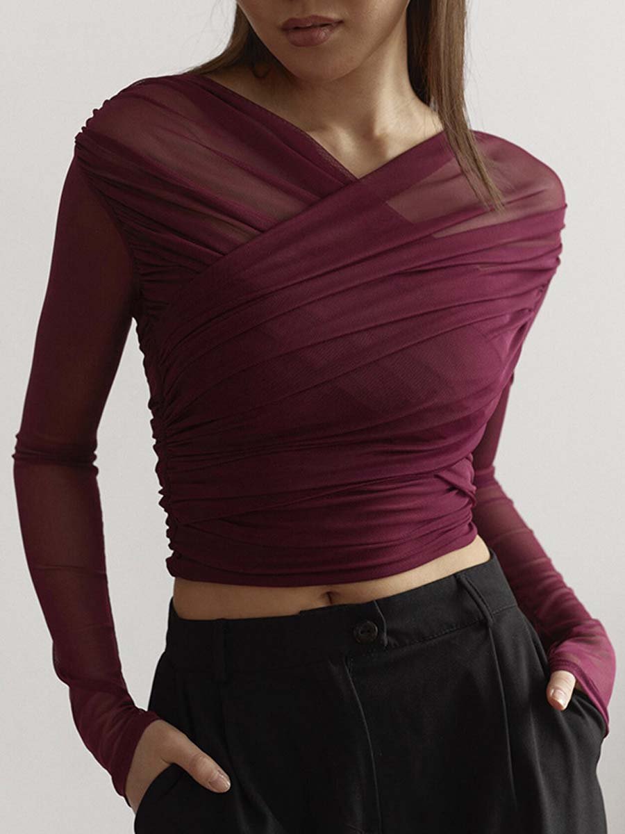 Blouse met geplooide mesh details en lange mouwen, front view