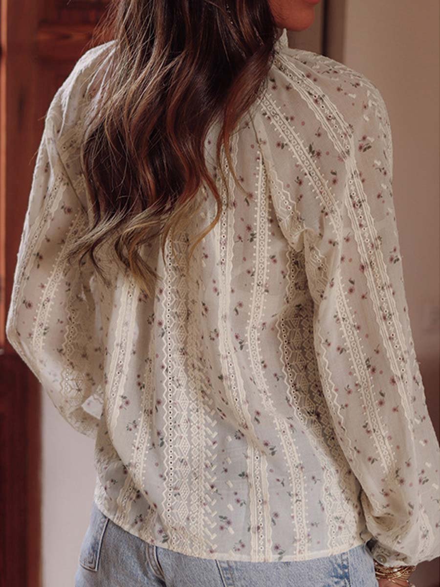 White lace blouse with floral pattern and tassel ties back view