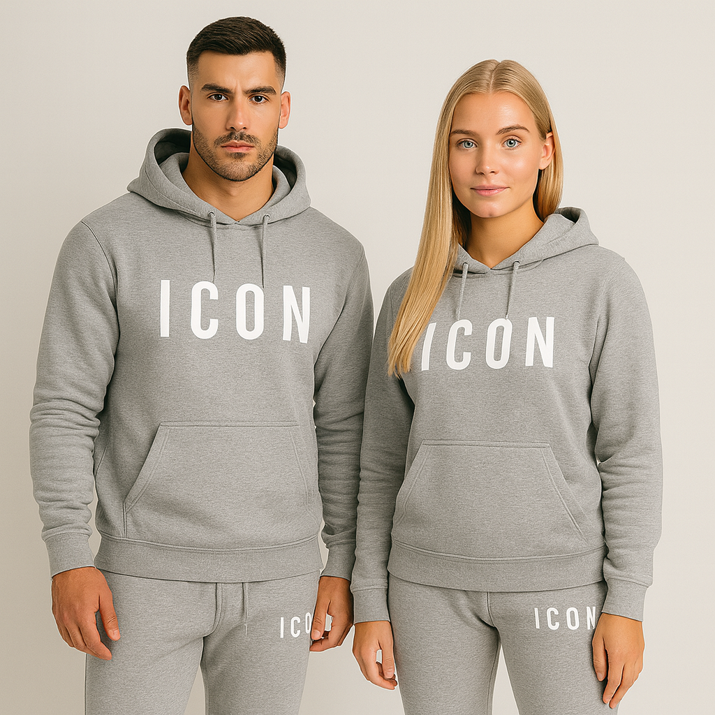 Unisex winter hoodie set grijs met 'ICON' print front view