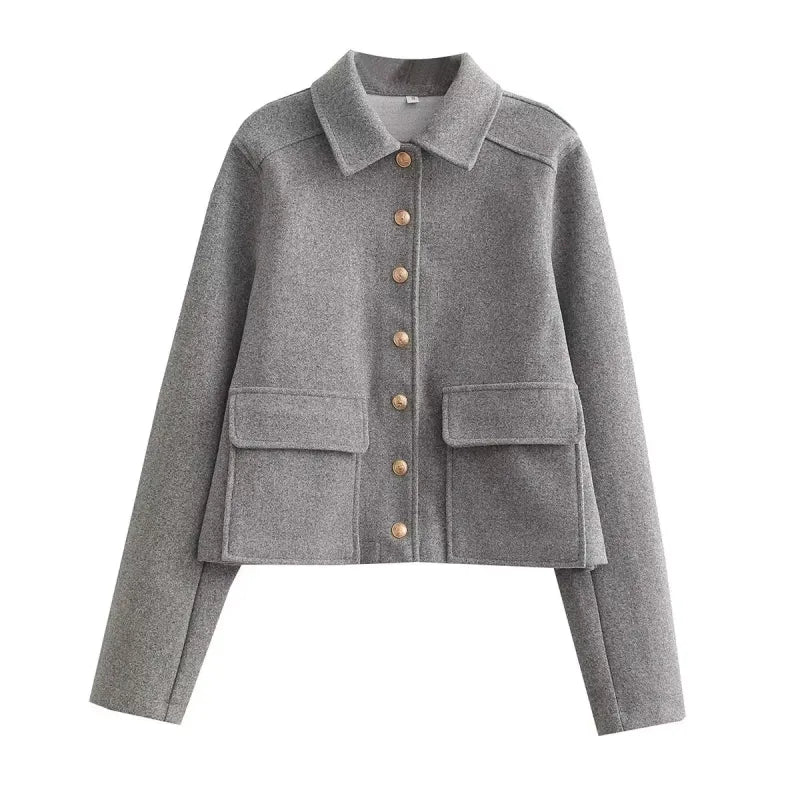 Gray jacket with gold buttons, front view