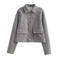 Gray jacket with gold buttons, front view