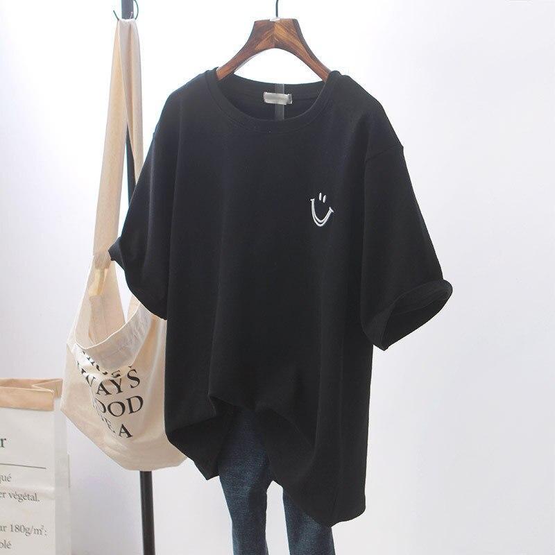 Katoenen t-shirt zwart met smiley print vooraanzicht