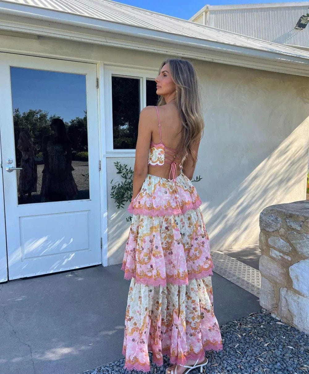 Maxi dress with floral print and lace trim, pink accents, back view