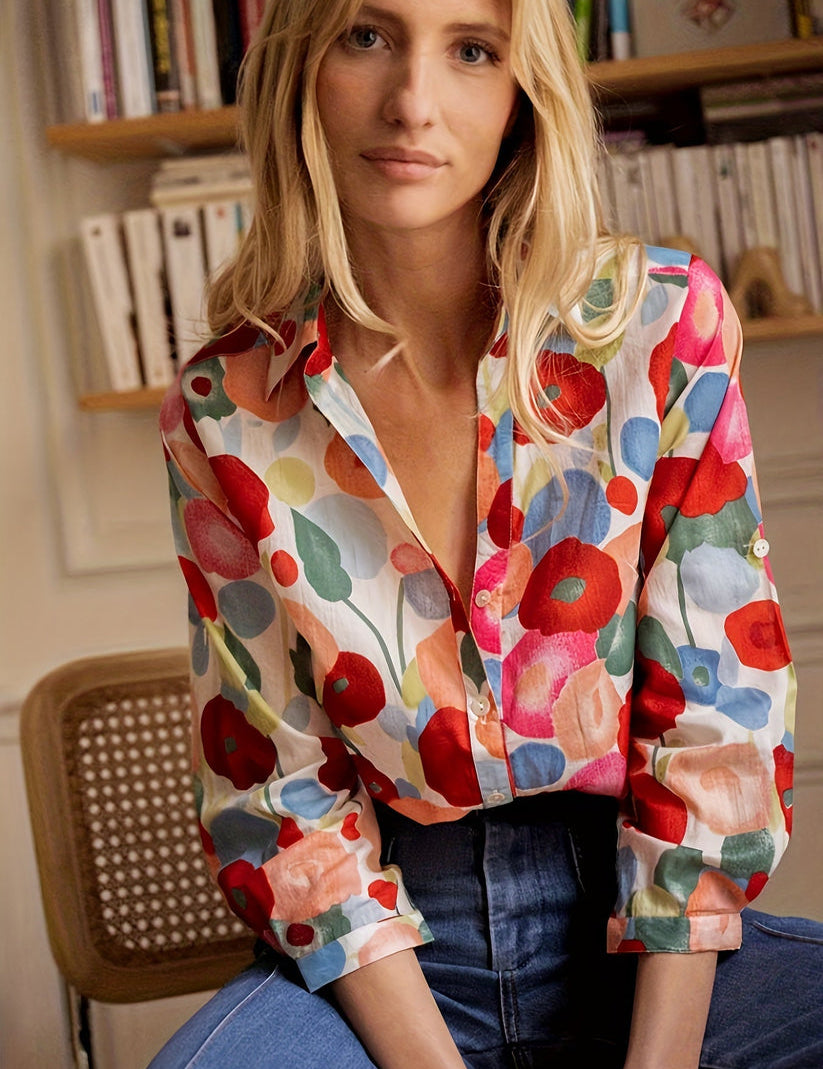 Blouse with colorful floral print, front view