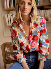 Blouse with colorful floral print, front view
