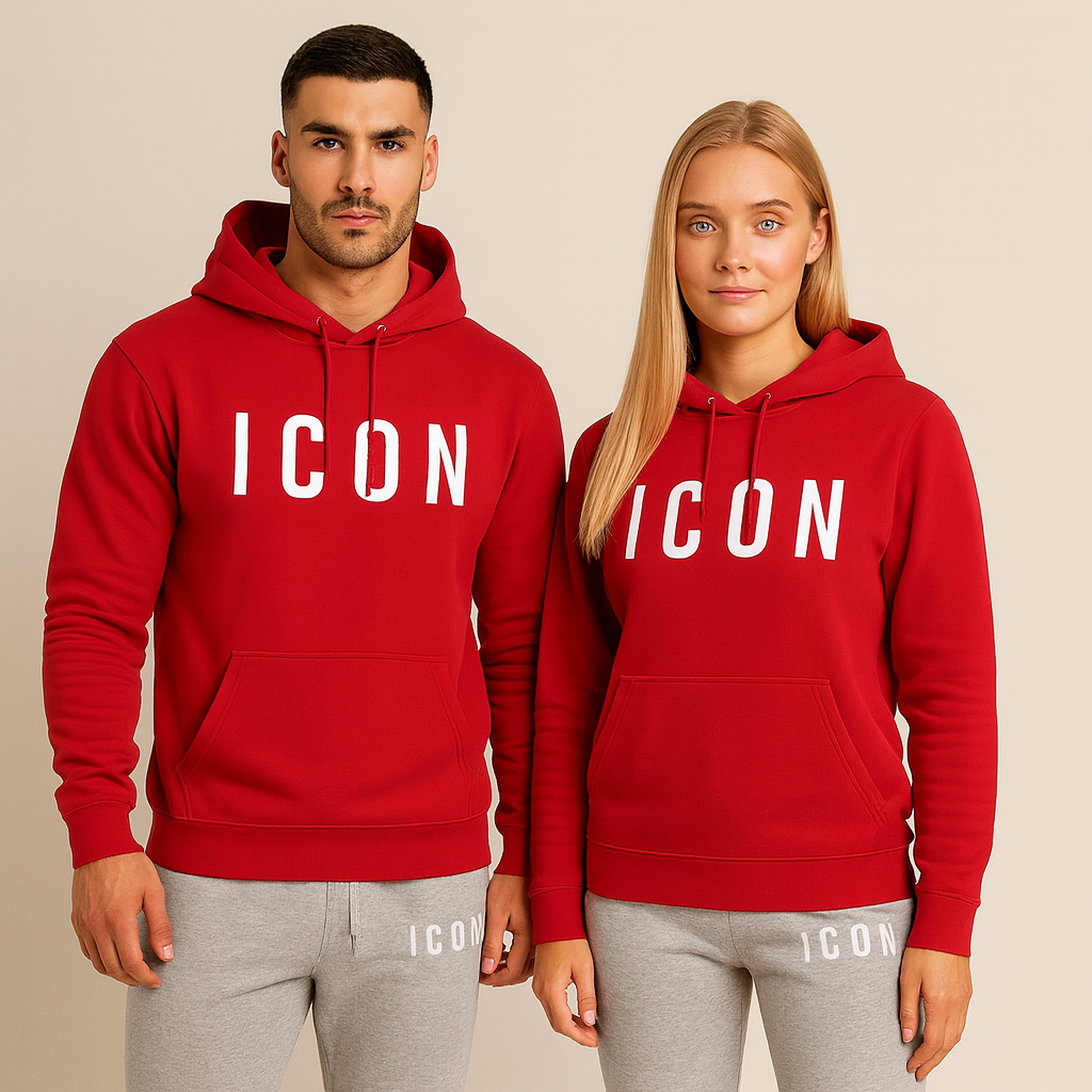 Unisex hoodie set rood met 'ICON' print front view