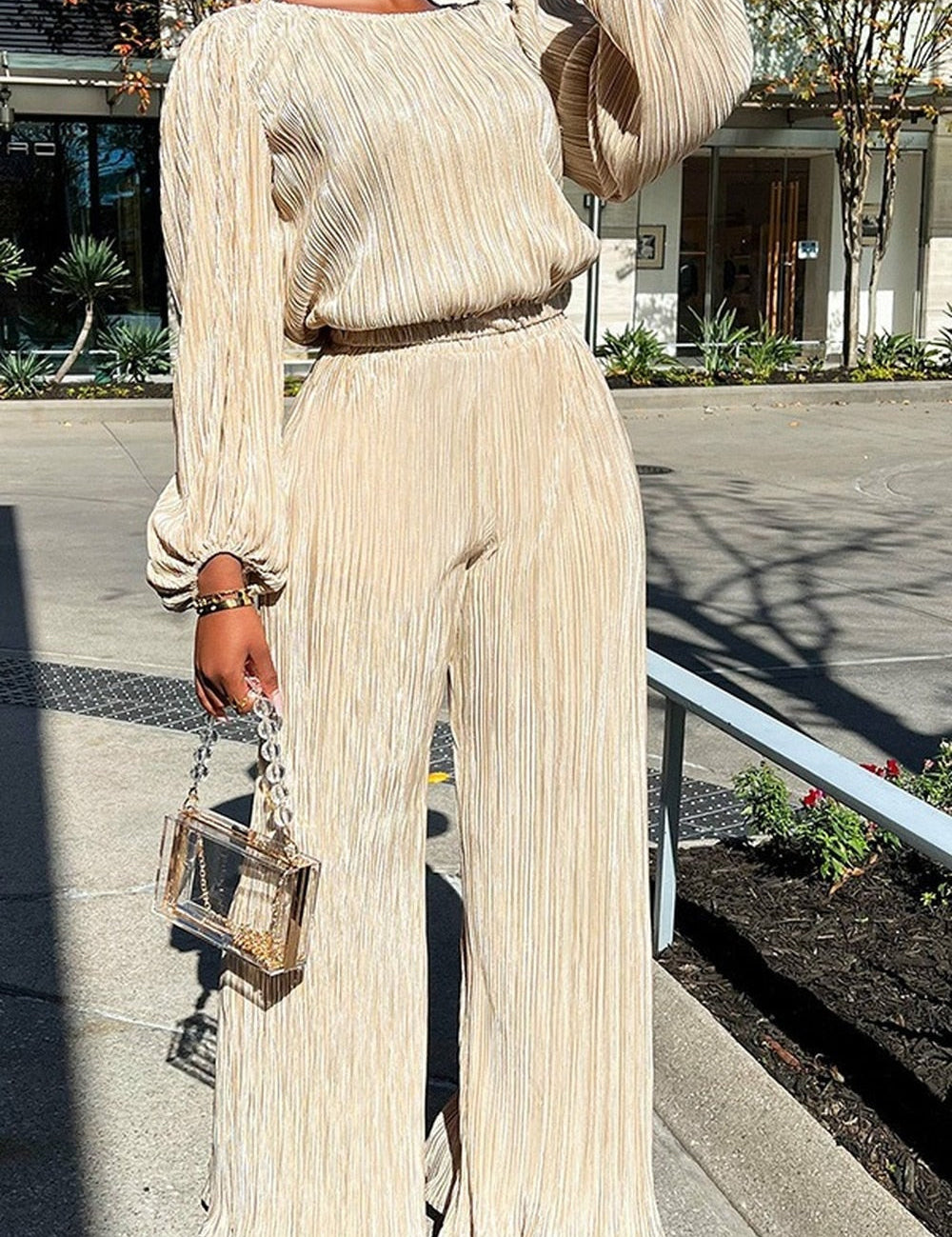 Beige pleated jumpsuit with wide legs and chain strap bag, front view