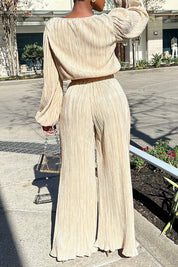 Beige pleated jumpsuit with wide legs and chain strap bag, back view
