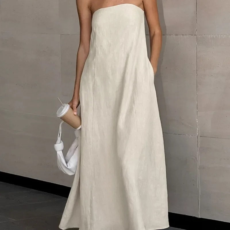 Linnen jurk witte maxi strapless zijprofiel