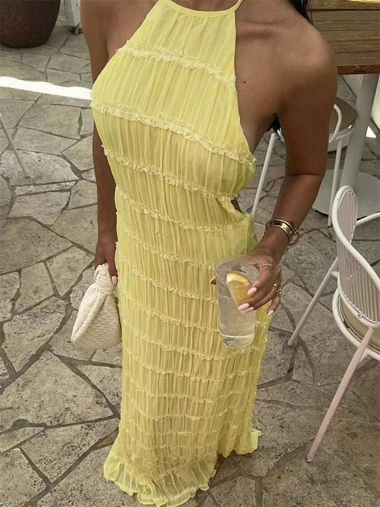 Gele maxi-jurk met open rug en kant details, zijaanzicht
