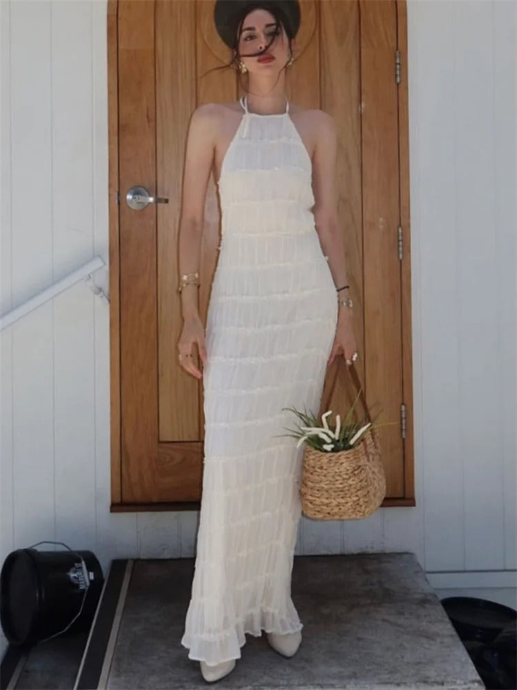 Elegante witte maxi-jurk met open rug en ruches, front view