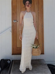 Elegante witte maxi-jurk met open rug en ruches, front view