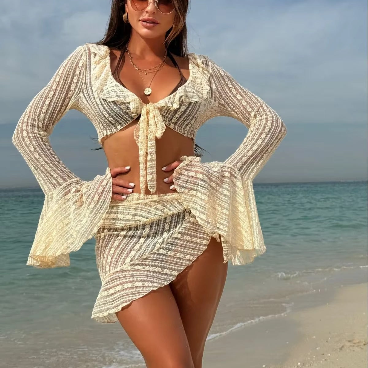 Beige bikini set with sheer cover-up front view
