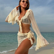Beige bikini set with sheer cover-up three-quarter view