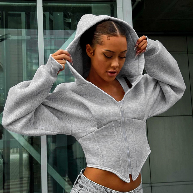 Gray hoodie with corset detail front view
