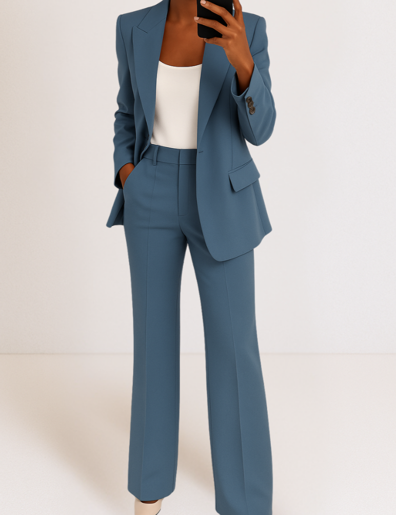 Dames pak blauw met witte top en laarzen zijoprofiel