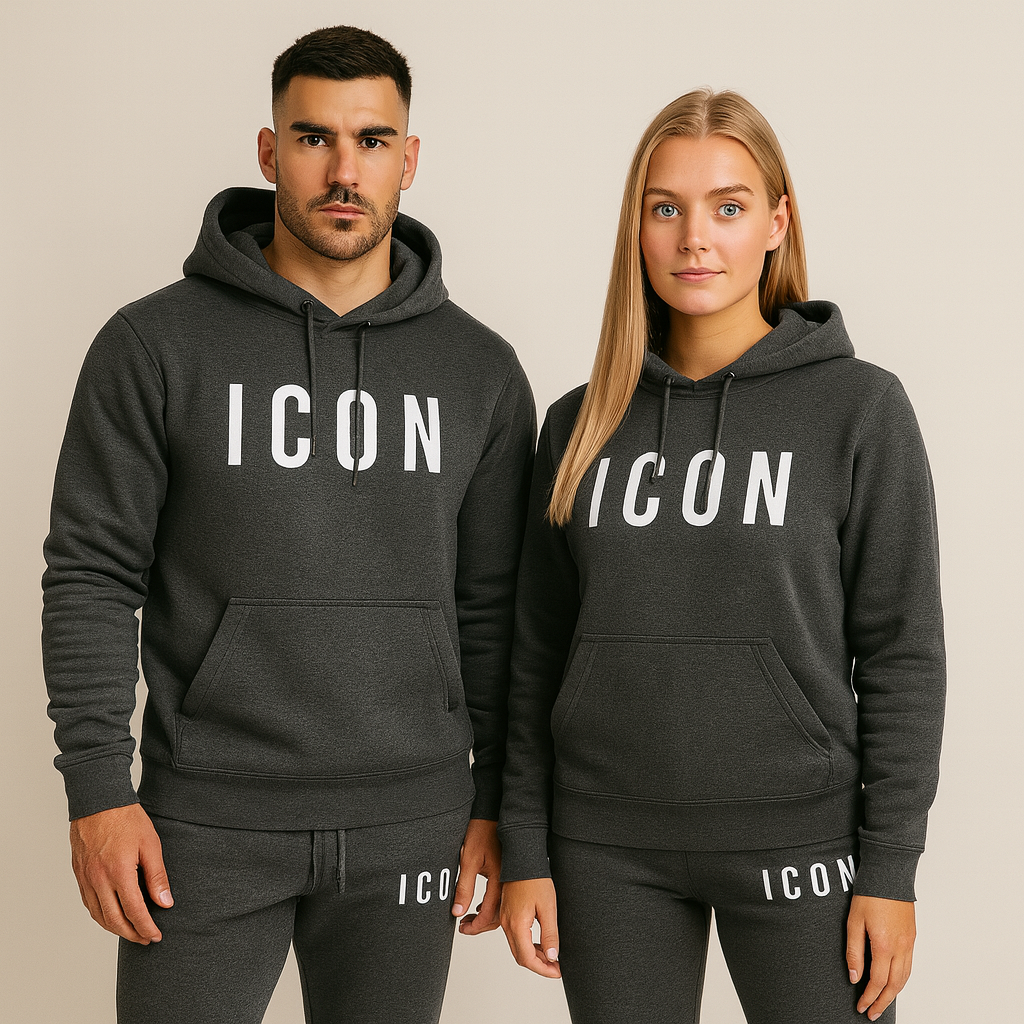 Heren set fleece hoodie en joggingbroek zwart met 'ICON' print vooraanzicht