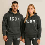 Heren set fleece hoodie en joggingbroek zwart met 'ICON' print vooraanzicht