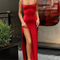 Red maxi dress with high slit, front view
