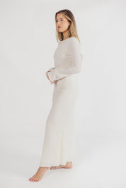 Cream textured maxi dress with bell sleeves side view