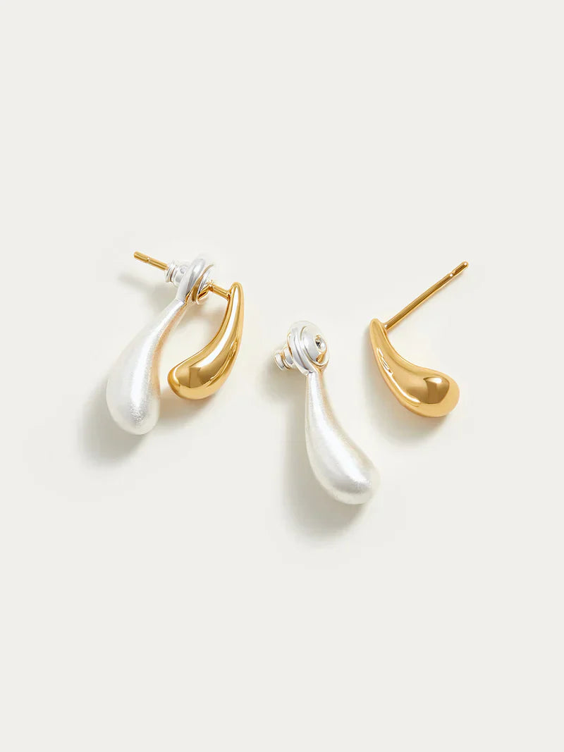 Gold and silver earrings teardrop shape side detail