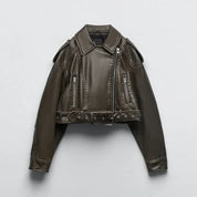 Leren jas met riem en ritsen, donkergroen, front view
