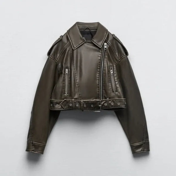 Leren jas met riem en ritsen, donkergroen, front view