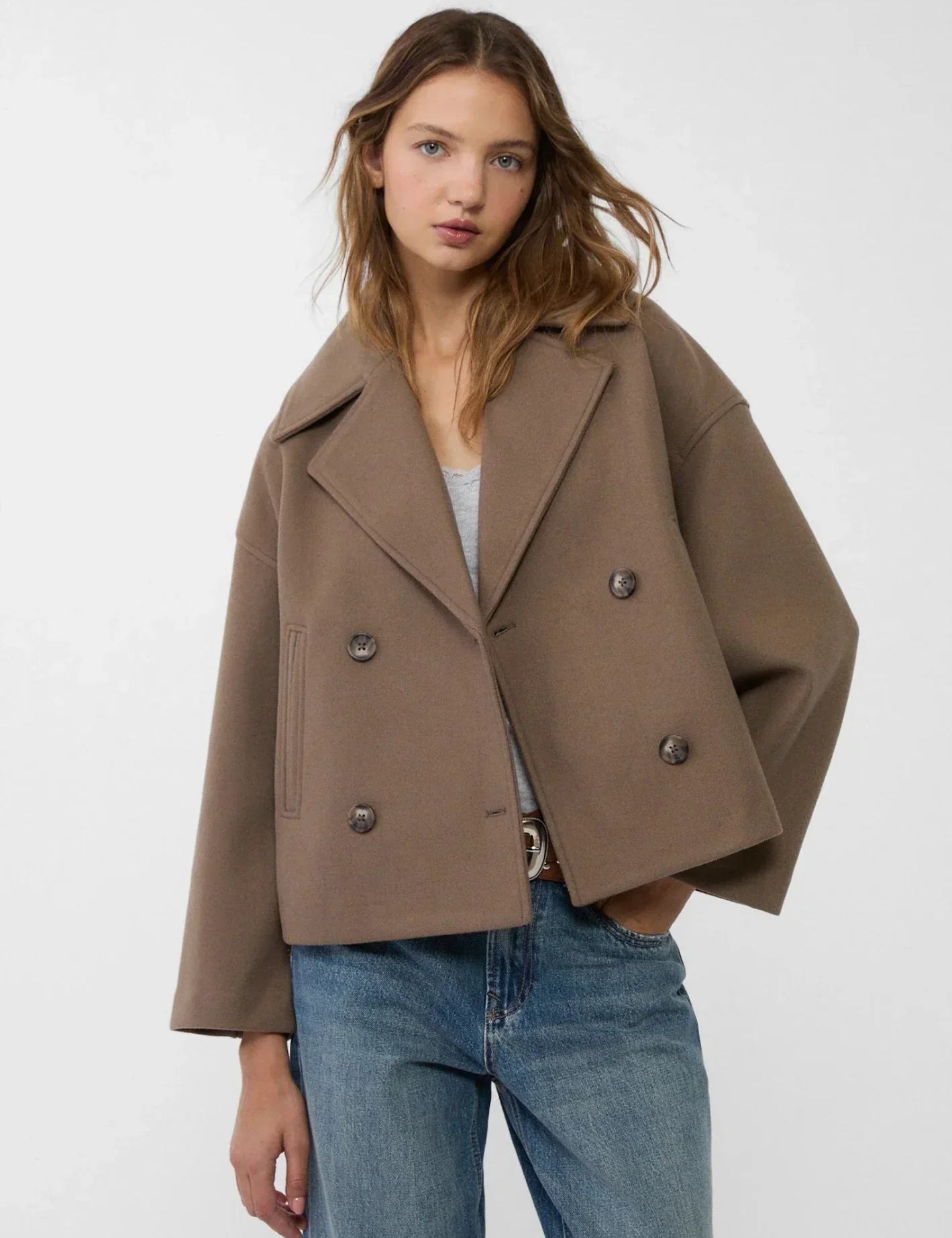 Beige double-breasted jacket front view