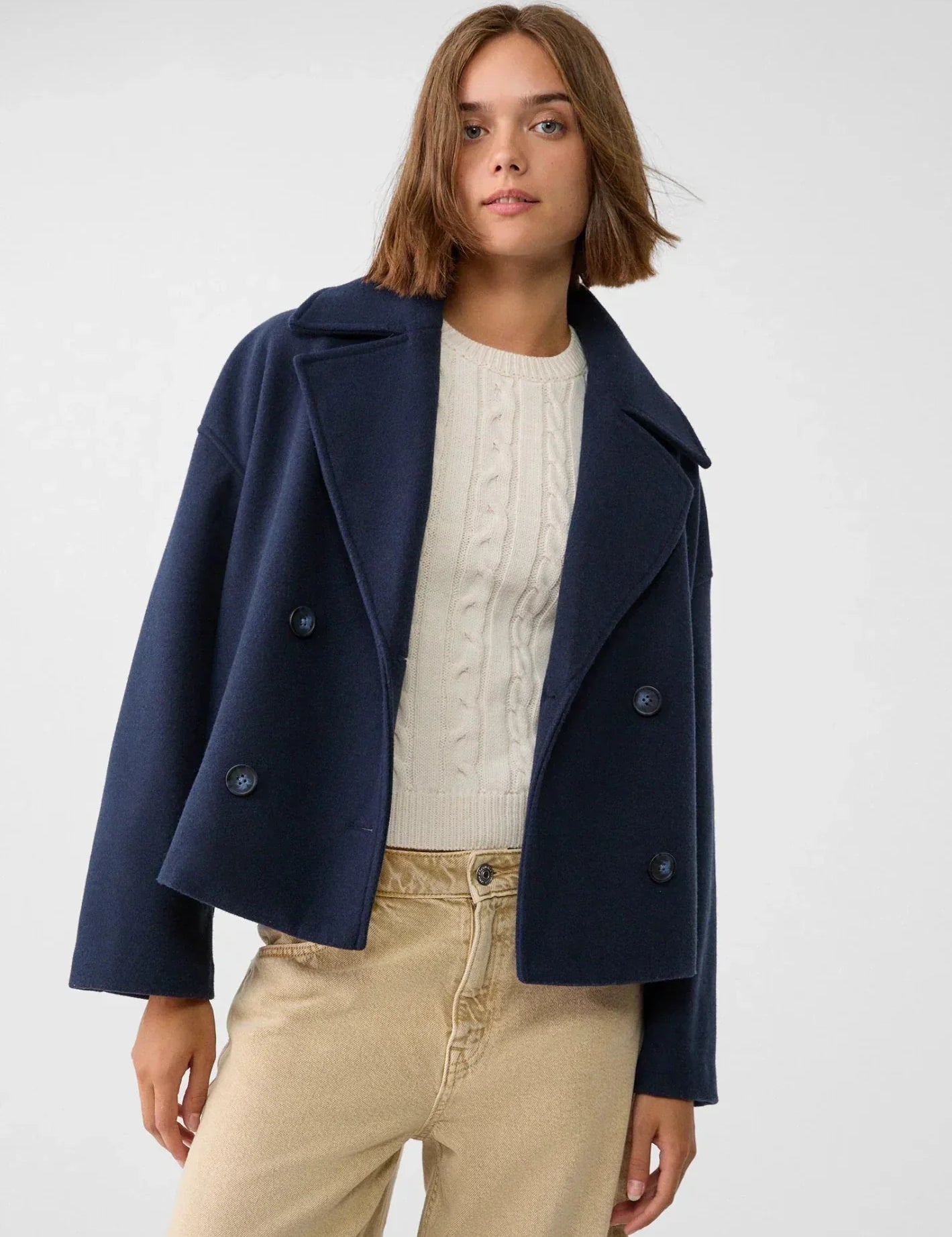 Navy double-breasted jacket front view